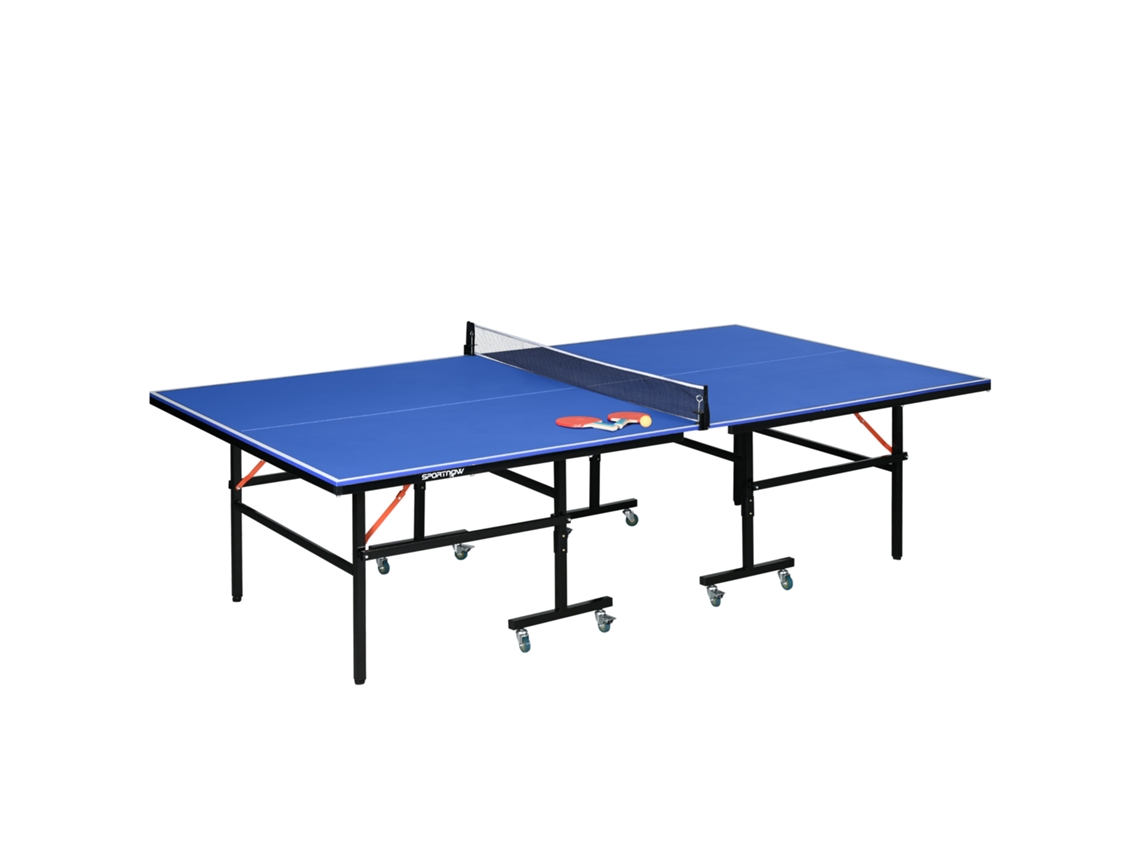 Mesa de ping-pong Sportnow azul, plegable, con ruedas, de 274x152,5x76 cm, tamaño estándar, red, palas y pelotas incluidas.