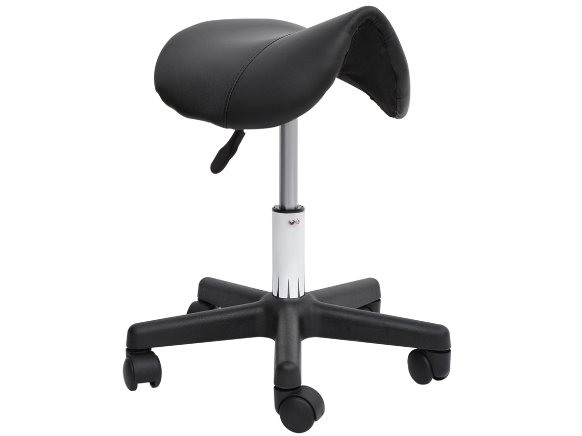 Taburete de bar giratorio con ruedas, silla de salón ajustable en piel sintética negra, sin marca.