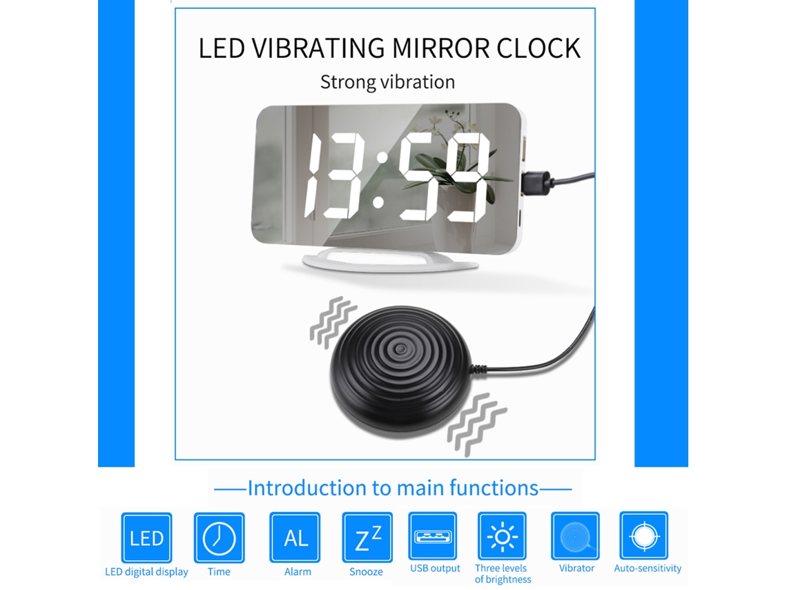 Reloj despertador Baok Vibrant con gran espejo de tela brillante y puerto USB ajustable para personas con sueño profundo.