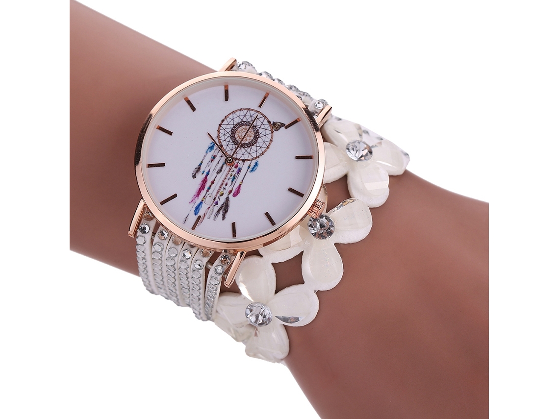 Reloj De Pulsera De Cuarzo Multicapa Retro Étnico Para Mujer Con Atrapasueños, Color Blanco.