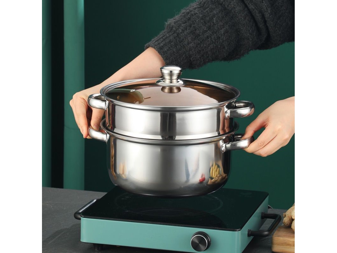 Caldeira A Vapor 2 Em 1 Em Aço Inoxidável Com Cesto Para Cozinhar A Vapor E Tampa De Vidro: Durável E Resistente.