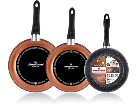 Magefesa Copper Juego de 3 sartenes 202428cm. exterior color cobre. antiadherente bicapa reforzado efecto piedra aptas para todo tipo cocinas especial 50 ahorro set 202428cm 202428
