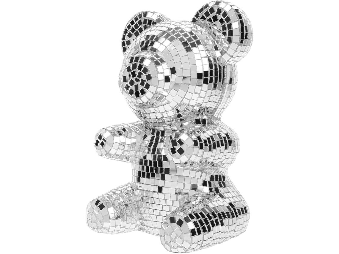 Pequeño oso decorativo plateado con espejo y efecto disco reflectante para fiestas, cumpleaños, etc.