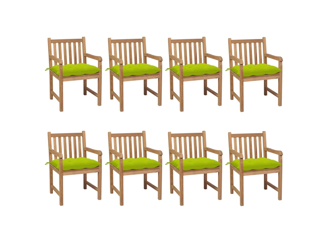 Sillas de jardín con cojines, verde brillante, 8 piezas, teca maciza, Dkd Home Decor