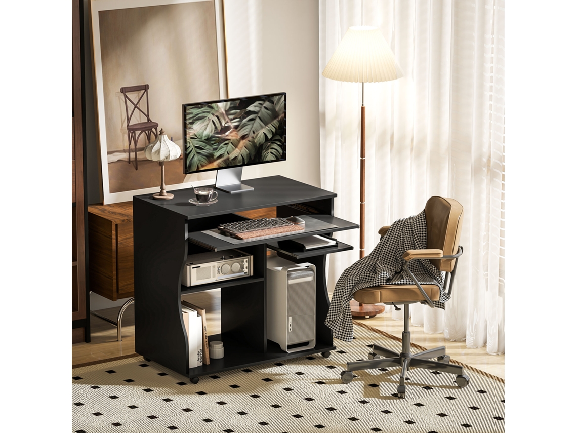 Escritorio para computadora con ruedas, bandeja para teclado y espacio de almacenamiento, escritorio para PC, negro, 80 x 48 x 75 cm