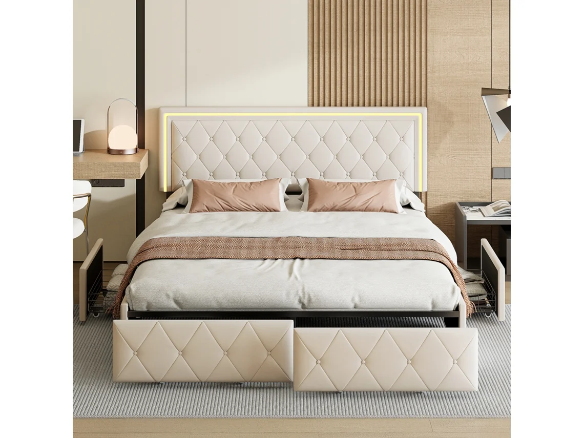 Cama De Matrimonio Con Cajones, Cama Inteligente 160x200 Cm Con Luz Led Rgb Y App, Cabecero Tapizado En Pu Beige