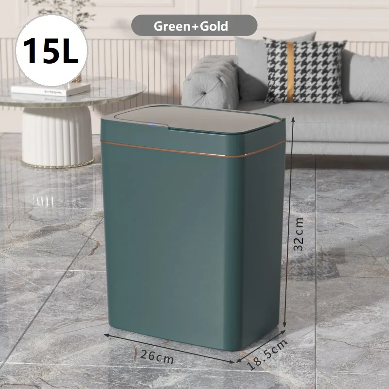 Lixeira Inteligente Com Sensor (recarregável Via Usb, 15l, Verde E Dourada), Impermeável, Com Abertura Estreita E Abertura Automática