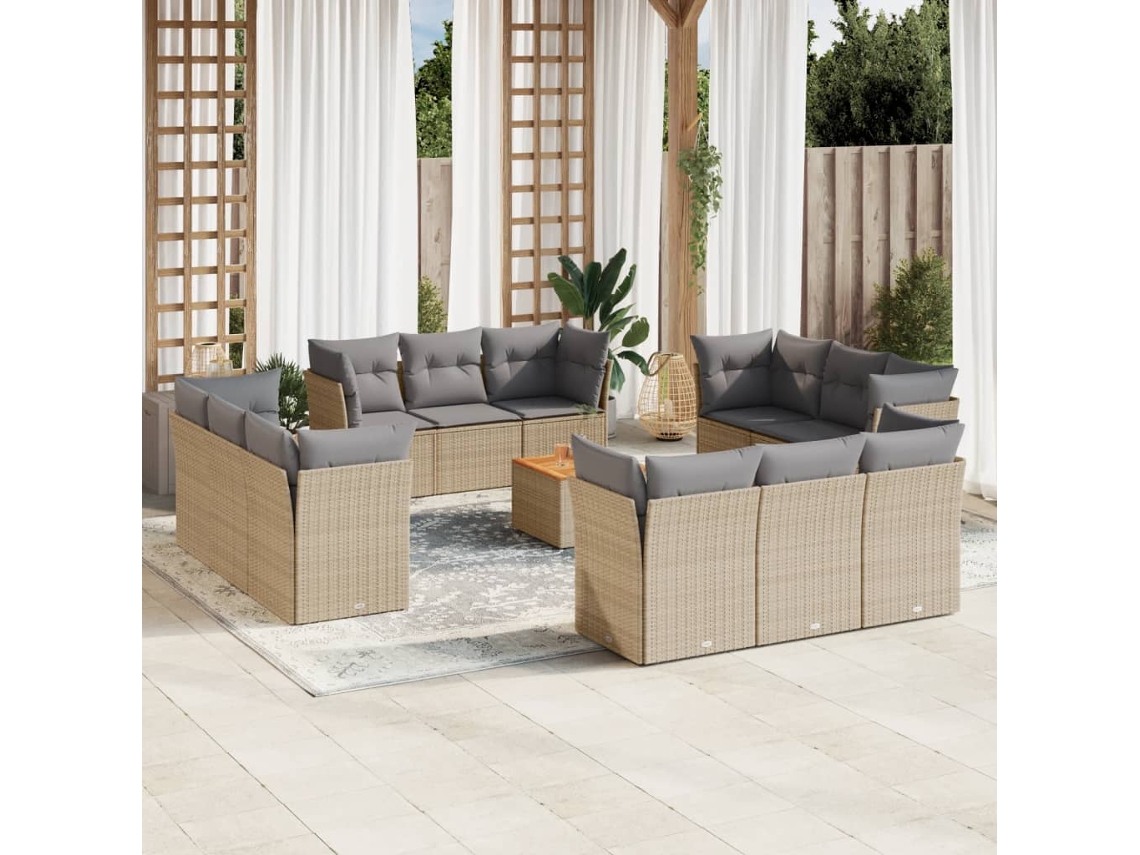 Conjunto de sofá de jardín de 13 piezas con cojines, mimbre beige mixto, DKD Home Decor