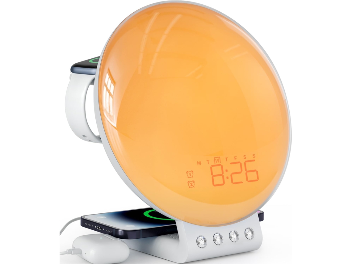 Reloj despertador digital Yuysan con luz de despertador y simulación de amanecer y atardecer, cargador inalámbrico de 15 W, control táctil y aplicación.
