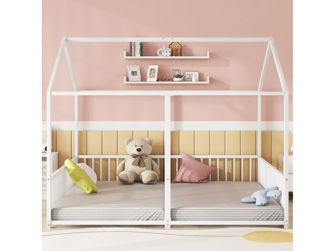 Cama-cabina De Hierro 2x90x200cm - Con Techo Y Somier - Blanco