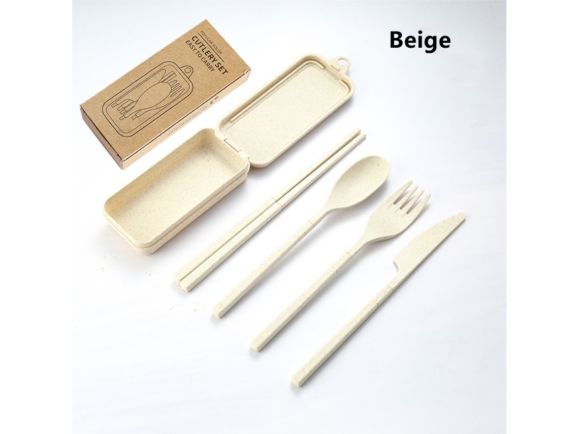 (beige) Juego De Cubiertos Portátil De Cuatro Piezas, Fabricado En Plástico Pp Ecológico, Desmontable.