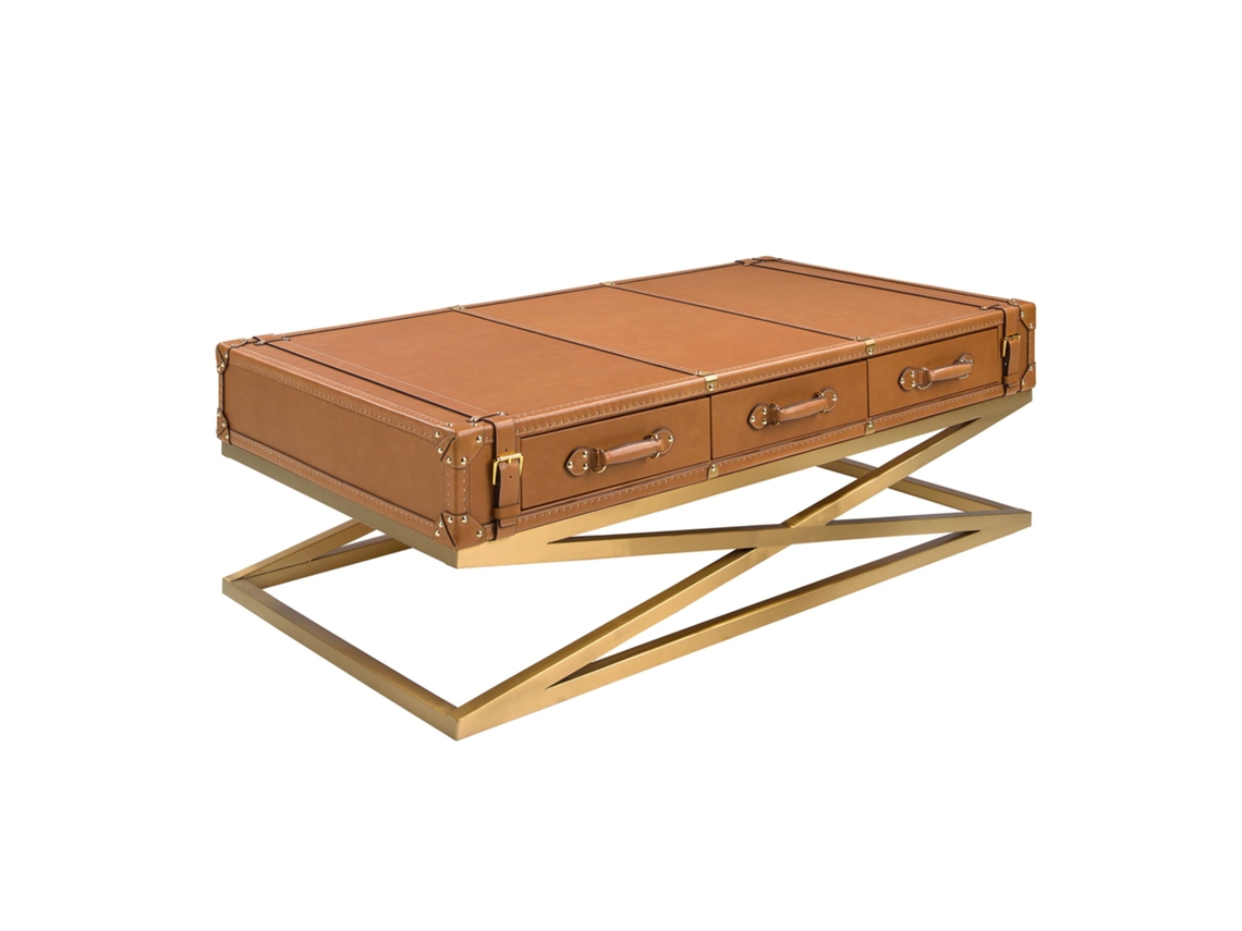 Mesa de centro rectangular Angel Cerdá en cuero dorado y acero