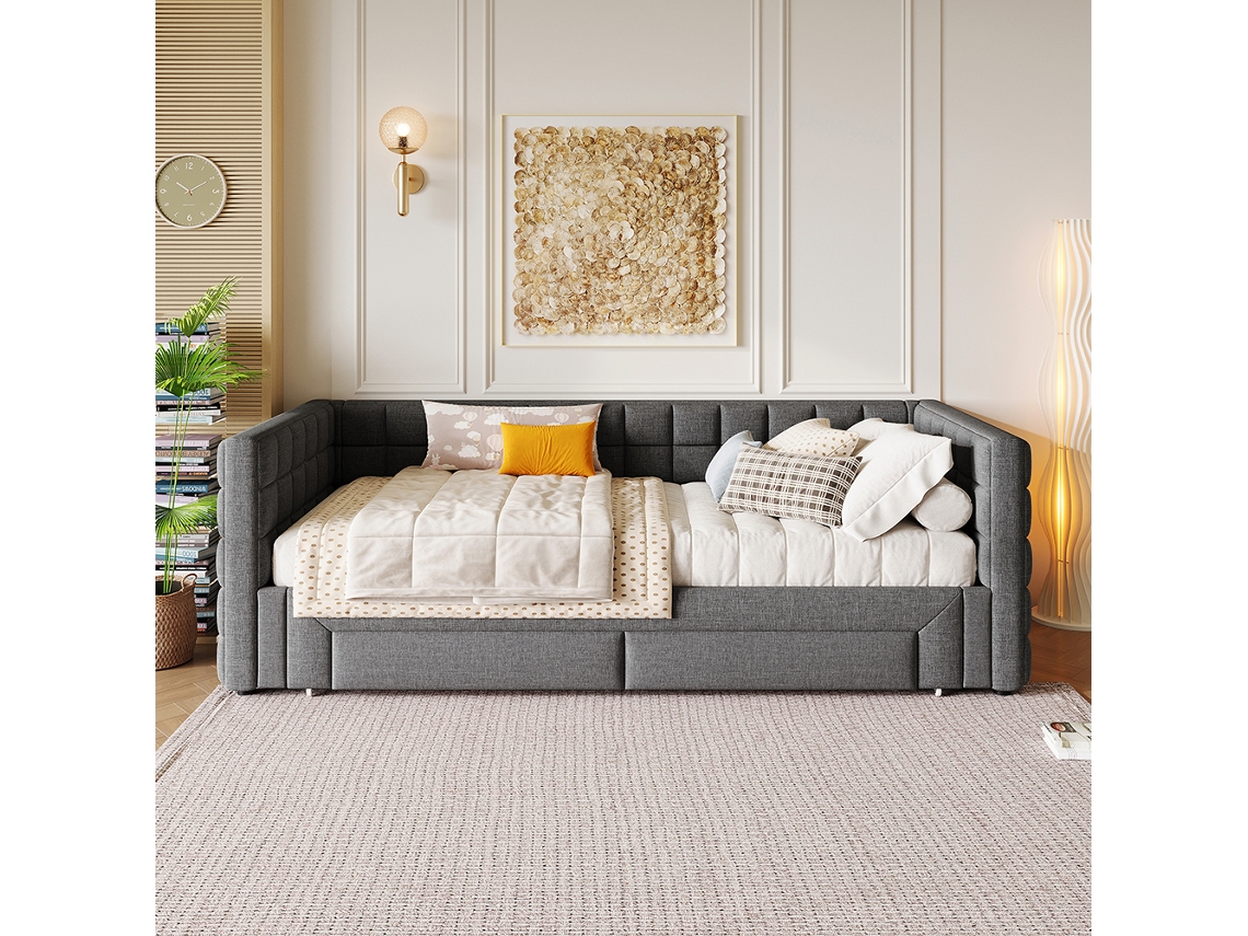 Sofá Cama Con Cajones Daybed Respaldo Cuadrado Terciopelo Gutent Gris (90x200cm)