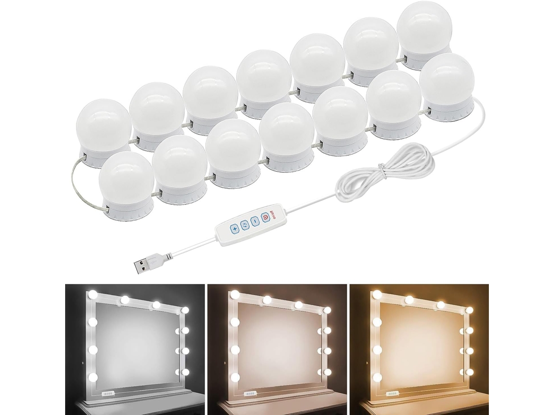 Espejo de maquillaje estilo Hollywood con luces LED, 14 bombillas, color y brillo ajustables, y cable USB. Eifson