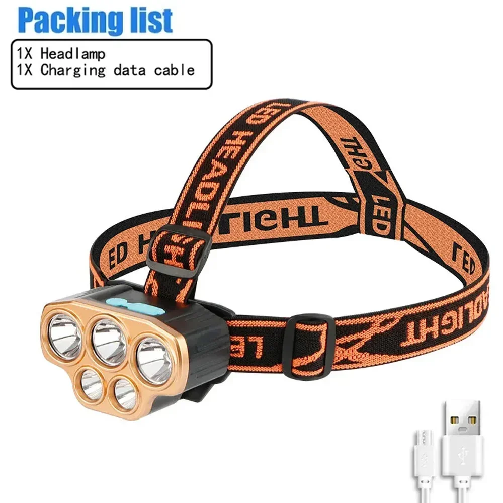 Linterna frontal con 5 LED superbrillantes, recargable por USB, batería incorporada, ideal para acampar y pescar al aire libre Aeuzwr