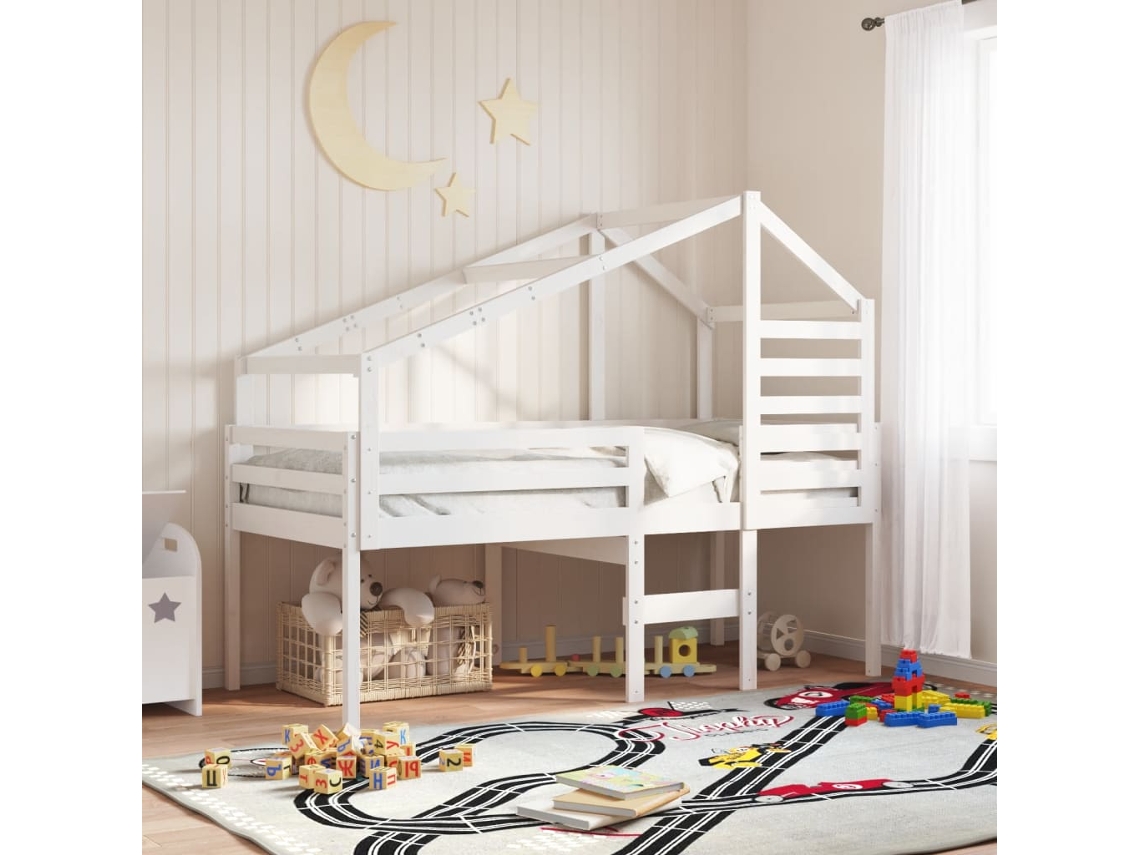 Cama Alta Con Techo Madera Maciza De Pino Blanca 90x190 Cm
