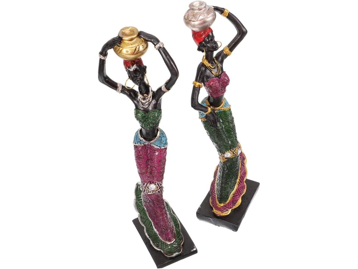 Conjunto De 2 Figuritas De Mujeres Tribales Africanas En Resina Con Recubrimiento Electrolítico De Oro Y Plata.