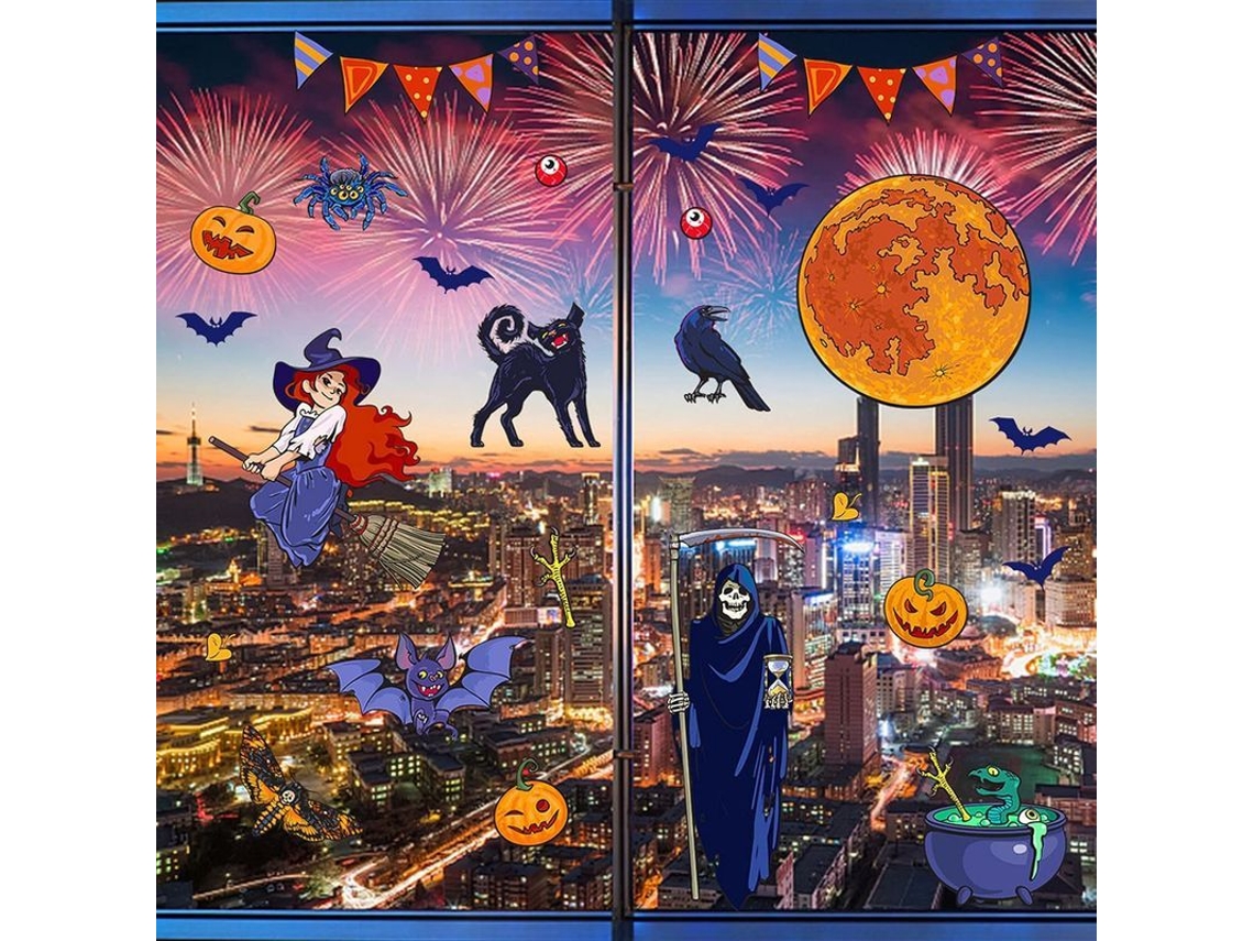 Calcomanías De Ventana Para Halloween Calcomanías De Pared Bruja Calavera Con Guadaña Decoración De Halloween