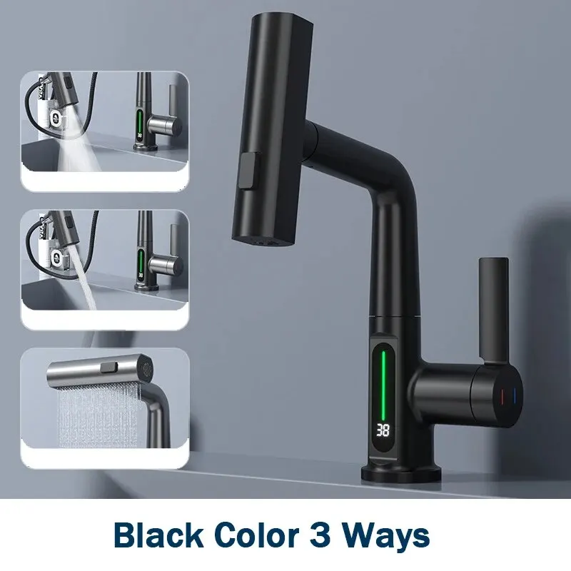 Grifo De Lavabo De Baño (negro) Con Pantalla Digital De Temperatura Y Mezclador De Agua Fría Y Caliente.