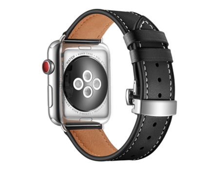Correa de reloj de cuero genuino + hebilla plateada de mariposa para Apple Watch Series 7 41 mm / 6 y SE y 5 y 4 40 mm / 3 y 2 y 1 38 mm (negro)