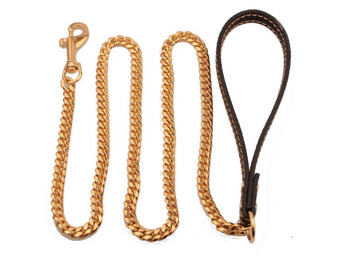 Correa De Perro Resistente Cadena De Metal Con Mango Acolchado De Cuero Pu Cxn 83 Cm Oro