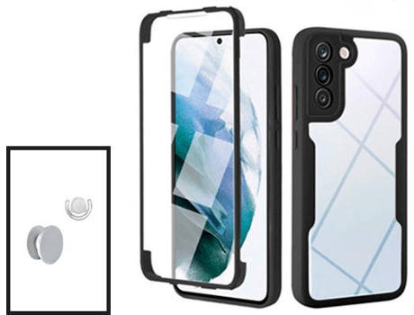 Kit Carcasa 360° Protección Frente y Verso + 1 HandHolder + 1 Soporte HandHolder Blanco para Samsung Galaxy S21 FE 5G Pro GIFT4ME Negro