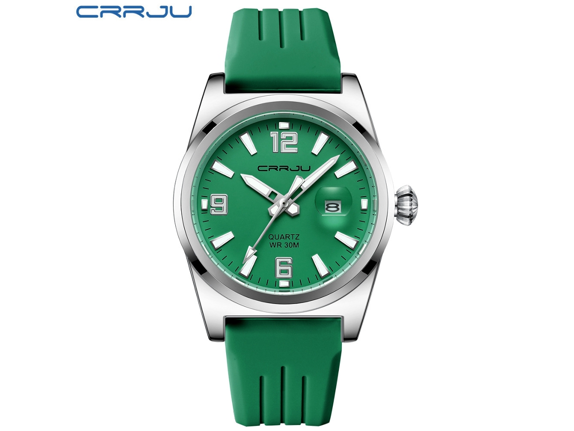 Reloj Unisex Redondo Con Calendario (verde Oscuro), Resistente Al Agua, Para Hombre Y Mujer, Con Correa De Caucho.