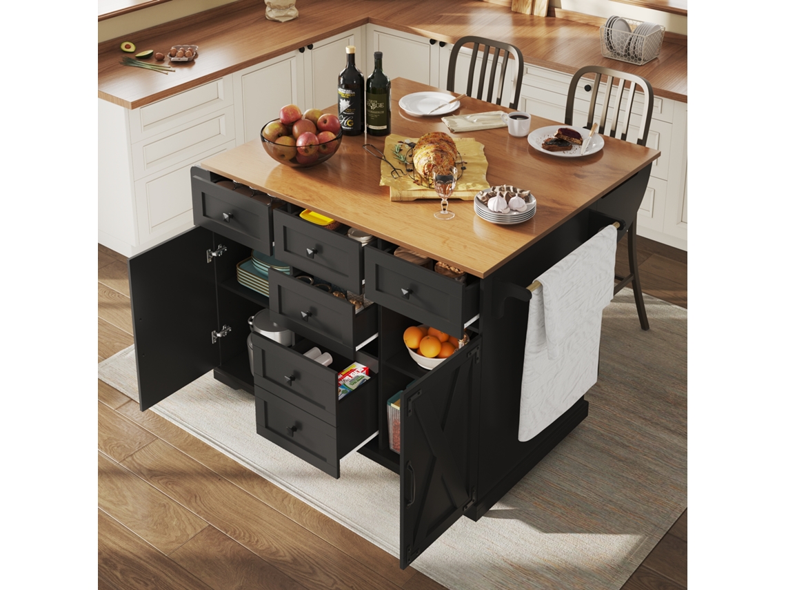 Isla De Cocina De Madera Con Aparador De Almacenamiento Y Módulo Móvil Negro.