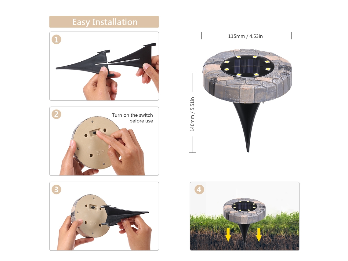 Luces solares de suelo Tomshine de 8 LED, IP65, impermeables, para jardín, patio y camino (8 unidades de luz cálida)