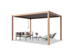 Pérgola Primeyard de 3x4 m con postes de aluminio, apariencia de madera y techo de listones de acero. Pabellón de jardín Toolport.