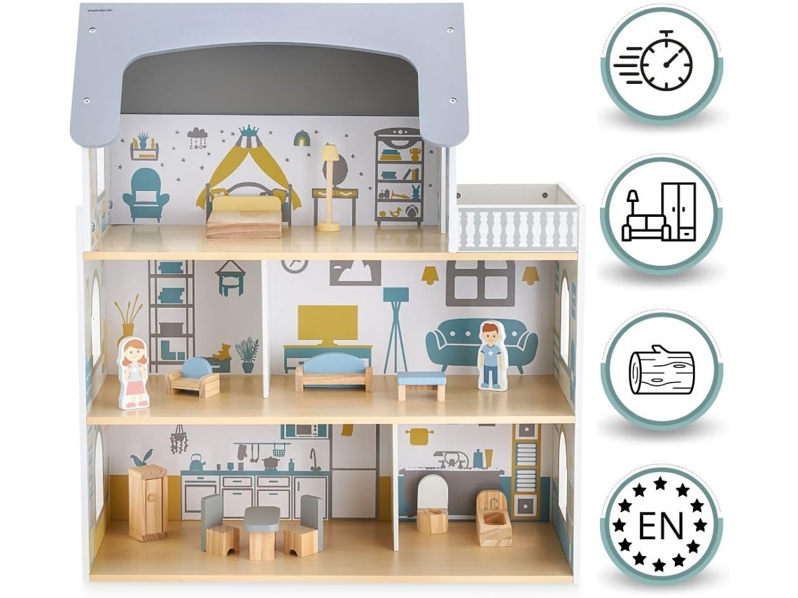 Casa de muñecas de madera con terraza y accesorios, casa de muñecas de 3 pisos con accesorios Mamabrum