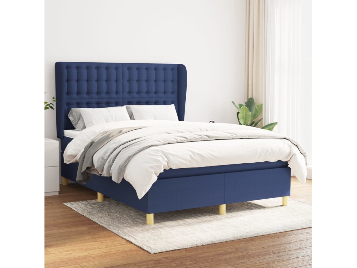 Cama Box Spring Con Colchón Tela Azul 140x190 Cm