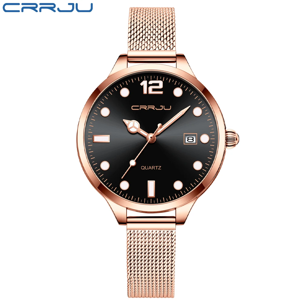Reloj Para Mujer (negro Rosa), Correa De Acero Inoxidable Resistente Al Agua, Con Indicador De Fecha.
