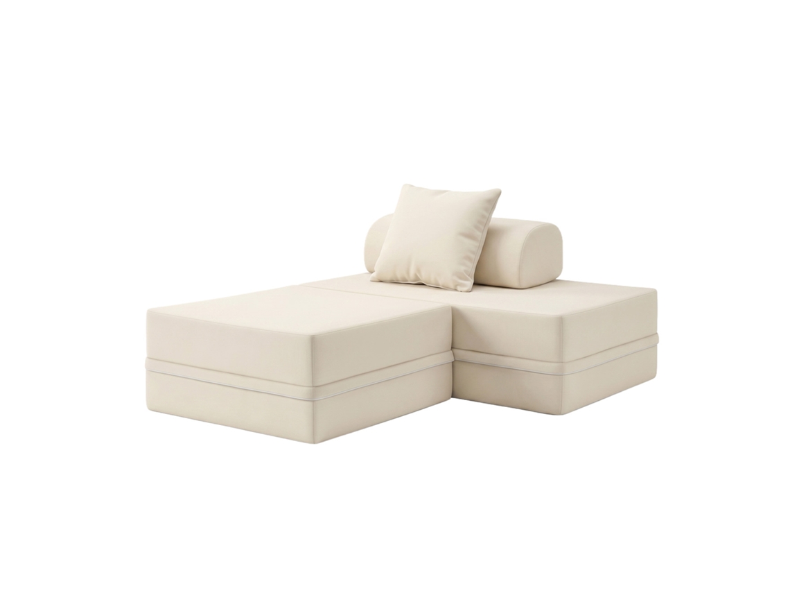 Sofá Modular 2 Lugares + Puff Convertible Liso Beige