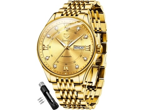 VEANXIN Reloj automático de acero inoxidable resistente al agua con calendario luminoso para hombre(oro)