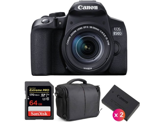 Kit Cámara Réflex CANON EOS 850D + EF-S 18-55mm f/4-5.6 IS STM + SanDisk 64GB + 2 LP-E17 + Bolsa