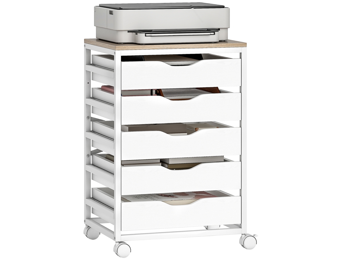 Mueble de oficina móvil, mueble de almacenamiento de madera con ruedas, 5 cajones, tiradores tallados, 50 x 40 x 74,5 cm, blanco.
