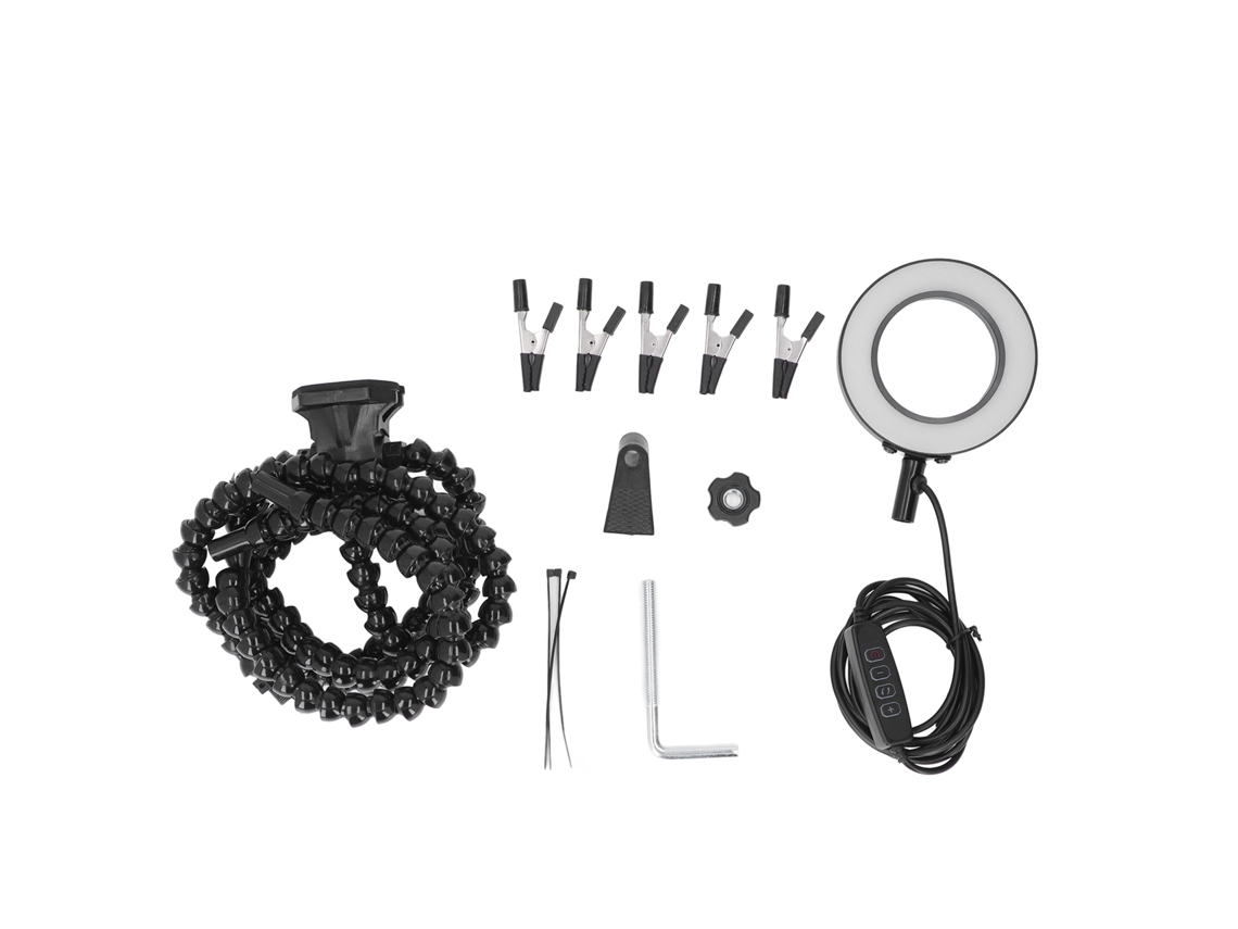 Soldador Auxiliar Con 5 Pinzas Y Lupa Usb 3x Con Luces Ajustables, Color Negro.