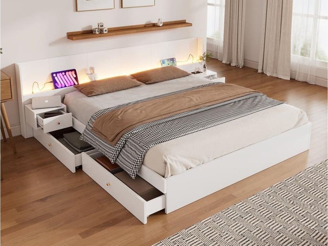 Cama Contenedor Para Adultos 180x200 Cm En Madera - Con Enchufes Usb Y Led - 2 Mesitas De Noche Y 2 Cajones - Blanco