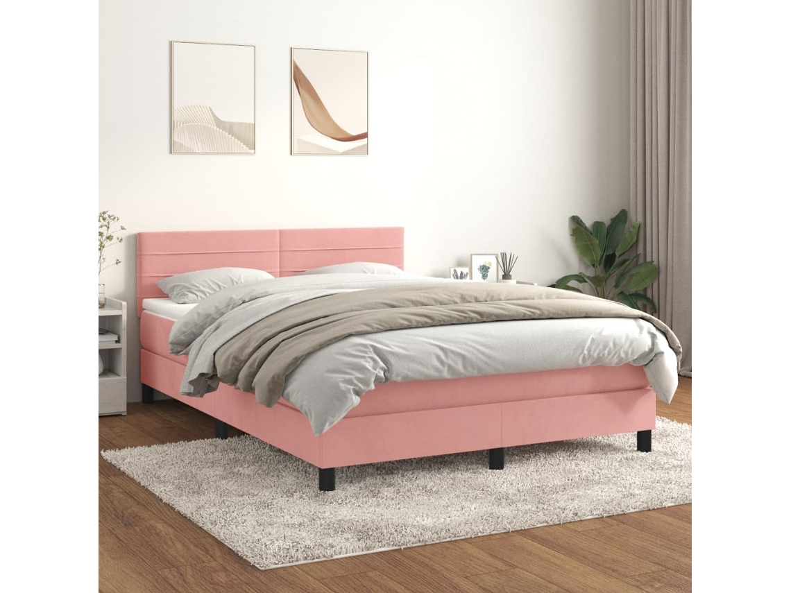 Cama Box Spring Con Colchón Terciopelo Rosa 140x200 Cm