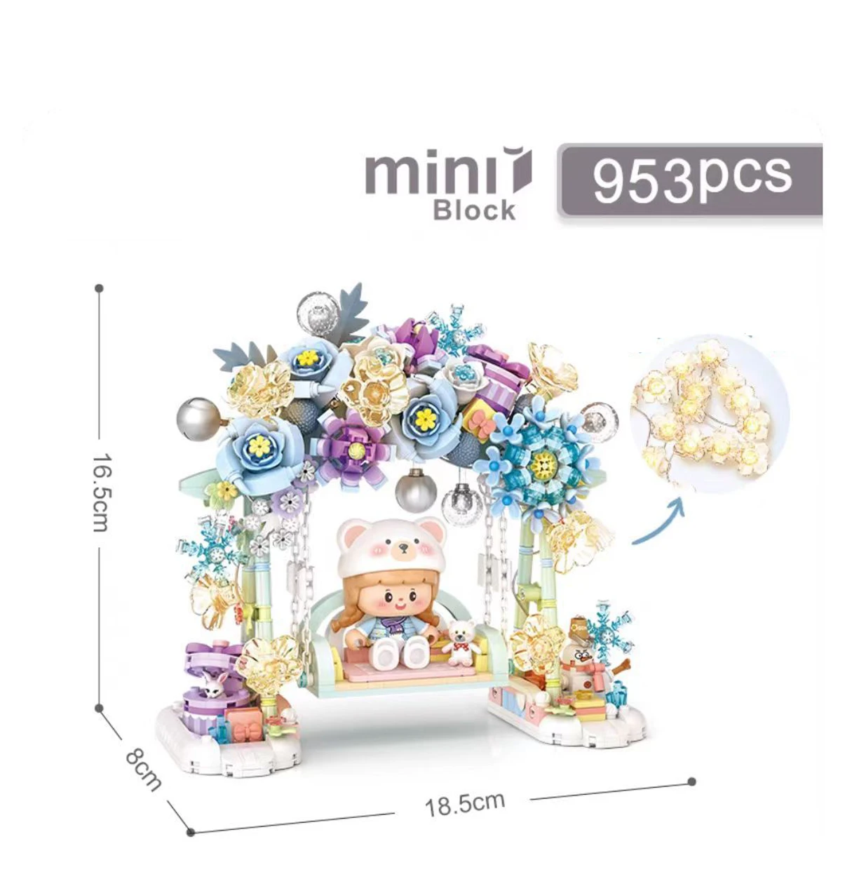 (invierno) Columpio De Flores Creativo Y Romántico, Modelo De Mini Bloque De Construcción, Con Luces, Perfecto Como Regalo.