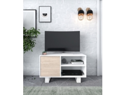 Conjunto De Muebles Wind Compuesto Por 1mueble Tv100 Y 1 Mesa De Centro, Color Blanco Y Roble, Patas Blancas, Mueble Auxiliar.