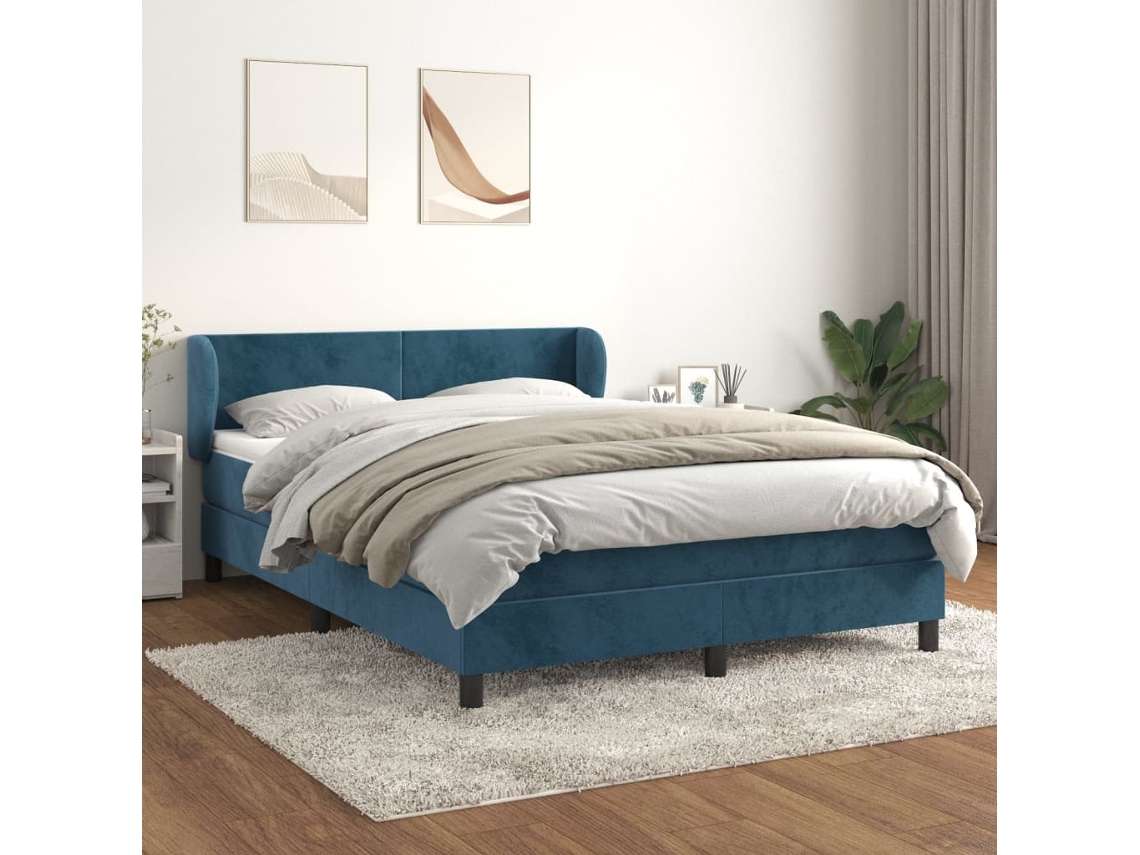 Cama Box Spring Con Colchón Terciopelo Azul Oscuro 140x190 Cm