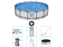 Piscina BESTWAY Round Steel Pro MAX - 457 x 107 cm - Gris - Incluida bomba - Escalera - Cobertor Paquete de mantenimiento - Filtrar - kit de limpieza