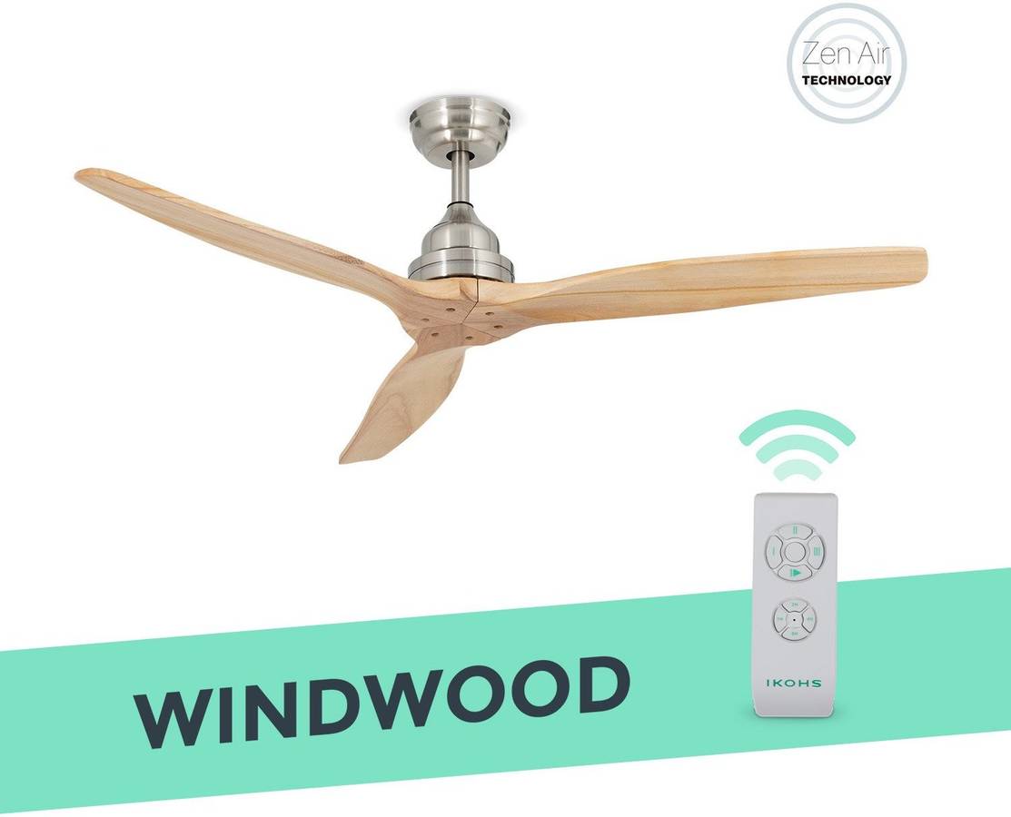Ventilador Ikohs Windwood vntldrtchnqlk create techo motor ac aspas madera natural silencioso 2 alturas temporizador de 3 velocidades 75 132 cm ultrasilencioso 1 75w niquel