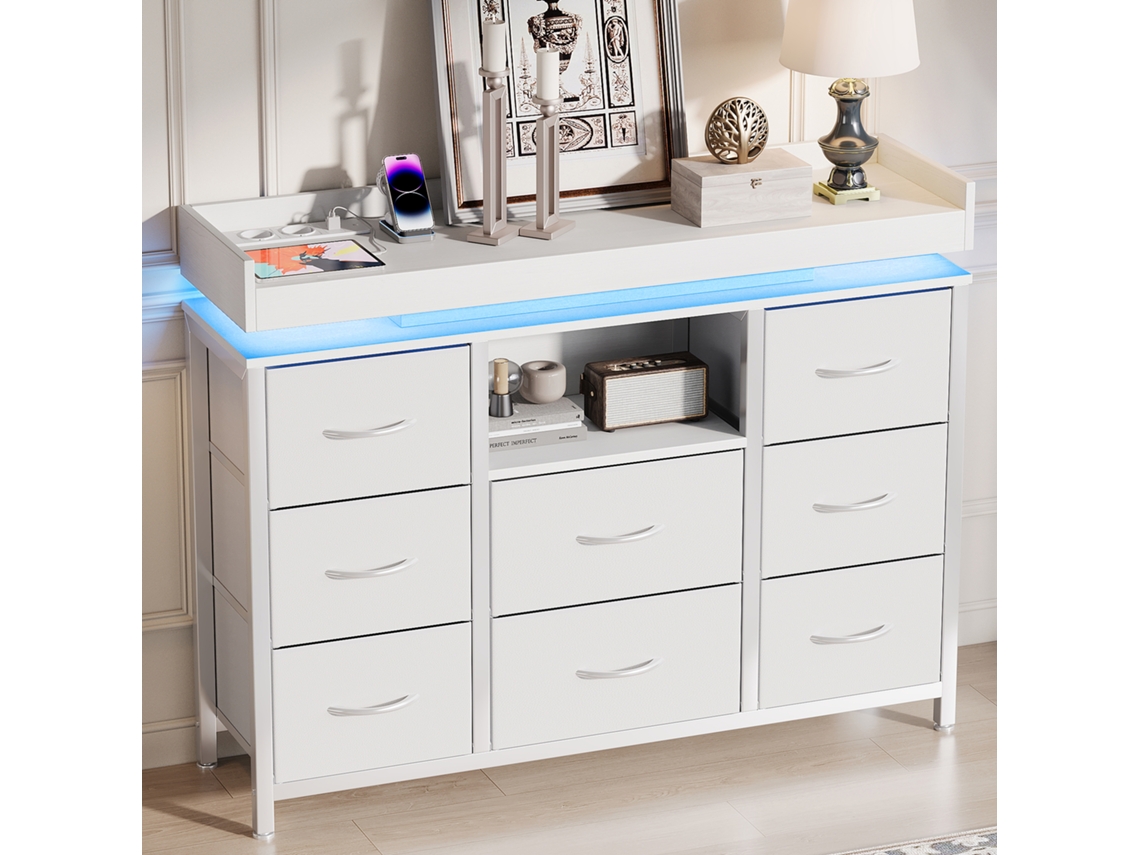 Cómoda De Tela De 8 Cajones Con Iluminación Led Y Toma De Corriente, Unidad De Almacenamiento Estable, Estructura De Acero, Antivuelco, Blanca.