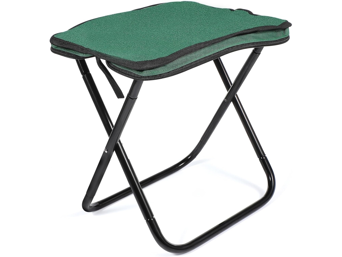 Taburete Plegable Ligero Para Viajes Y Senderismo, Asiento Compacto Verde Con Tubos Negros, Portátil Y Estable.