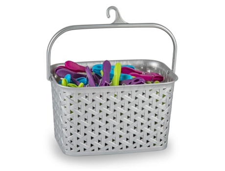 Cesta para Pinzas de Ropa con Colgador Plastico Diseño de Mimbre Plata TIENDA EURASIA