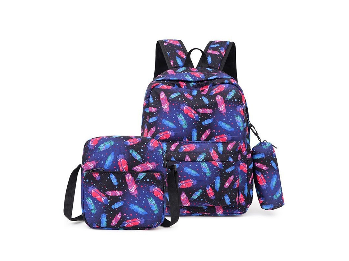 Mochila de lona con estampado retro, conjunto de tres piezas, estilo pluma, 19 pulgadas