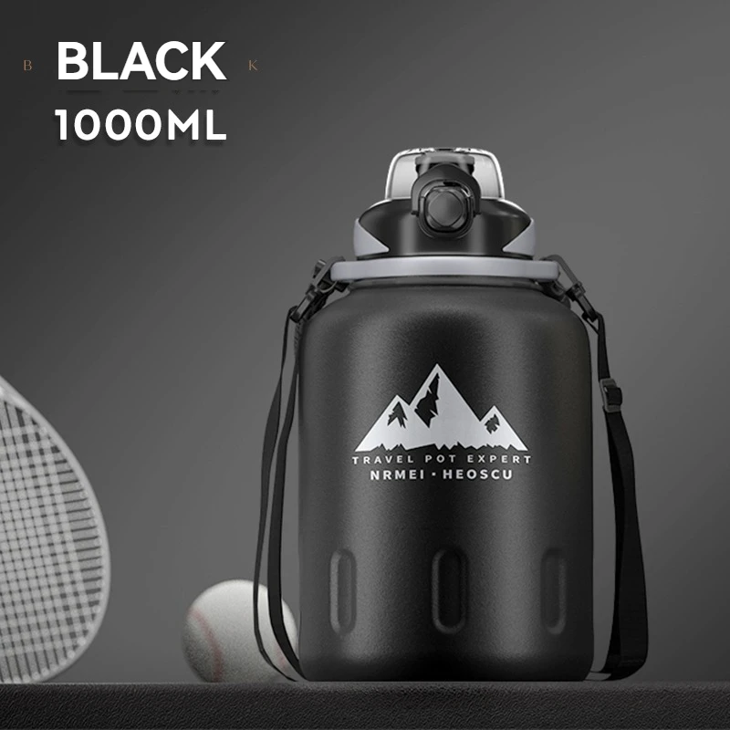 Botella térmica de acero inoxidable (negra, 1000 ml), ideal para deportes al aire libre, con cuerda y pajita.